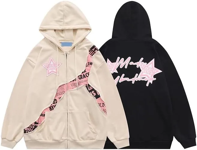 Kelabia Coquette Oversized Hoodie Star Graphic Hoodies for Women Teen Y2K Zip Up Hoodie Trendy Y2K Jackets Hip Hop Streetwear