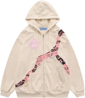 Kelabia Coquette Oversized Hoodie Star Graphic Hoodies for Women Teen Y2K Zip Up Hoodie Trendy Y2K Jackets Hip Hop Streetwear