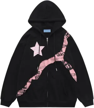 Kelabia Coquette Oversized Hoodie Star Graphic Hoodies for Women Teen Y2K Zip Up Hoodie Trendy Y2K Jackets Hip Hop Streetwear