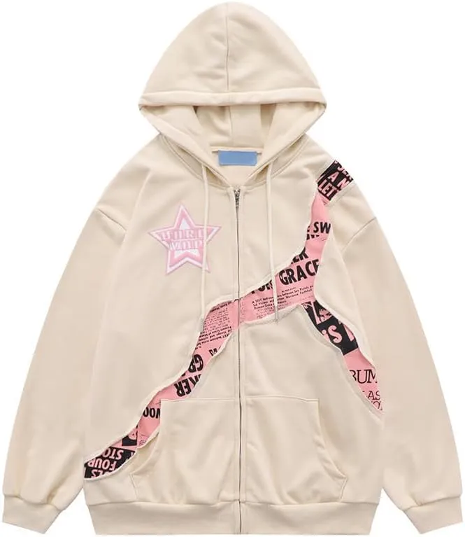 Kelabia Coquette Oversized Hoodie Star Graphic Hoodies for Women Teen Y2K Zip Up Hoodie Trendy Y2K Jackets Hip Hop Streetwear