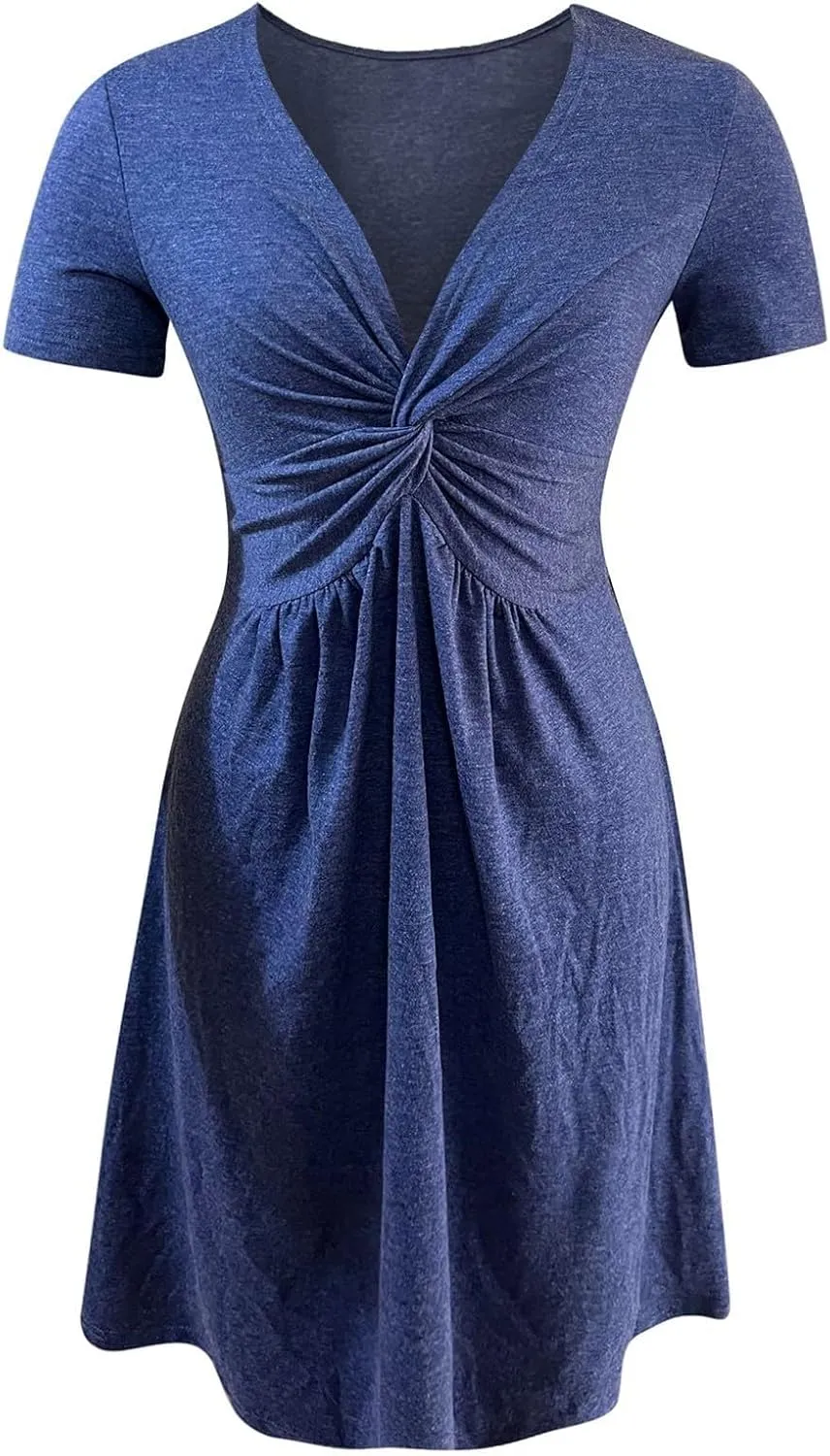 Knotted Front Summer Cotton Casual Vacation V Neck Tank&Sleeve Dresses Plus Size A Line Style Cocktail Slutty Warp