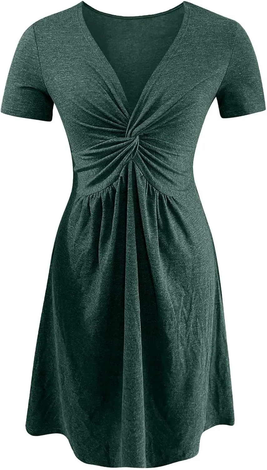 Knotted Front Summer Cotton Casual Vacation V Neck Tank&Sleeve Dresses Plus Size A Line Style Cocktail Slutty Warp