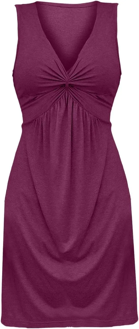 Knotted Front Summer Cotton Casual Vacation V Neck Tank&Sleeve Dresses Plus Size A Line Style Cocktail Slutty Warp