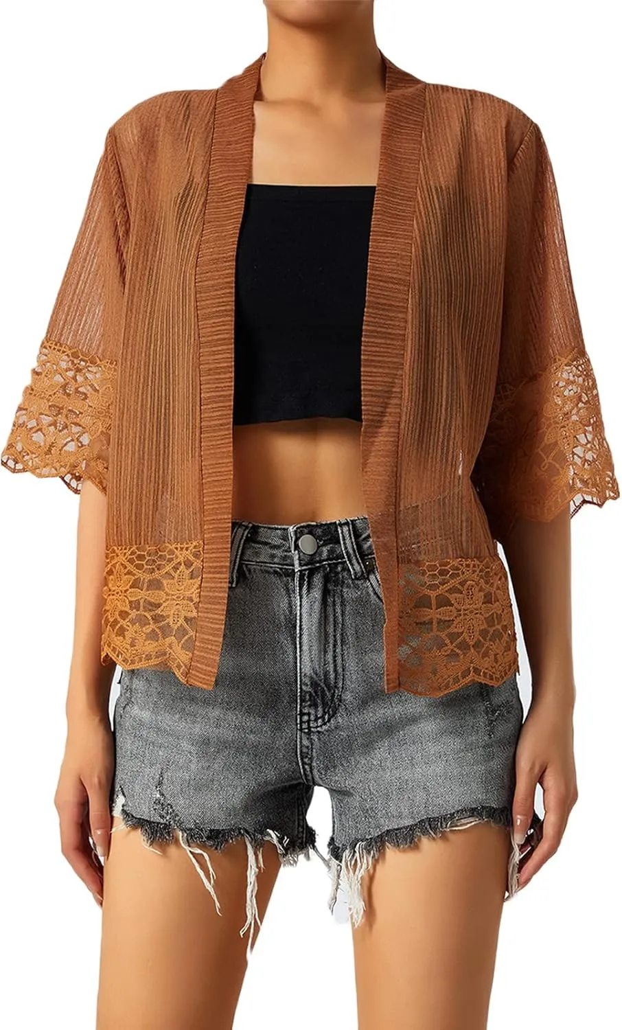 Lace Sheer Cardigan Short Sleeve Ruffle Open Front Tops for Women