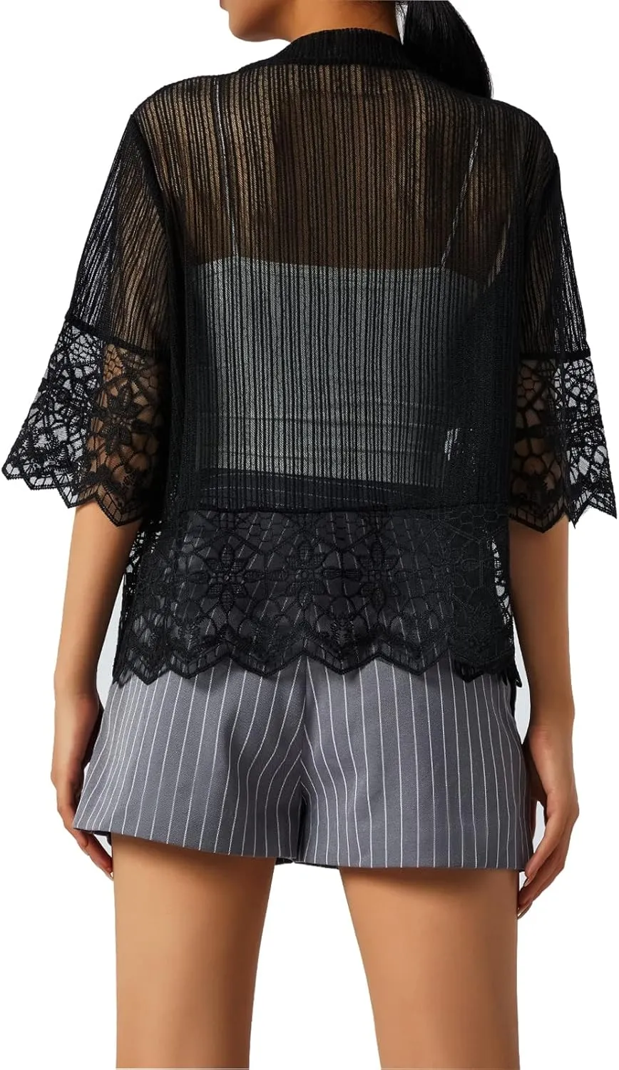 Lace Sheer Cardigan Short Sleeve Ruffle Open Front Tops for Women