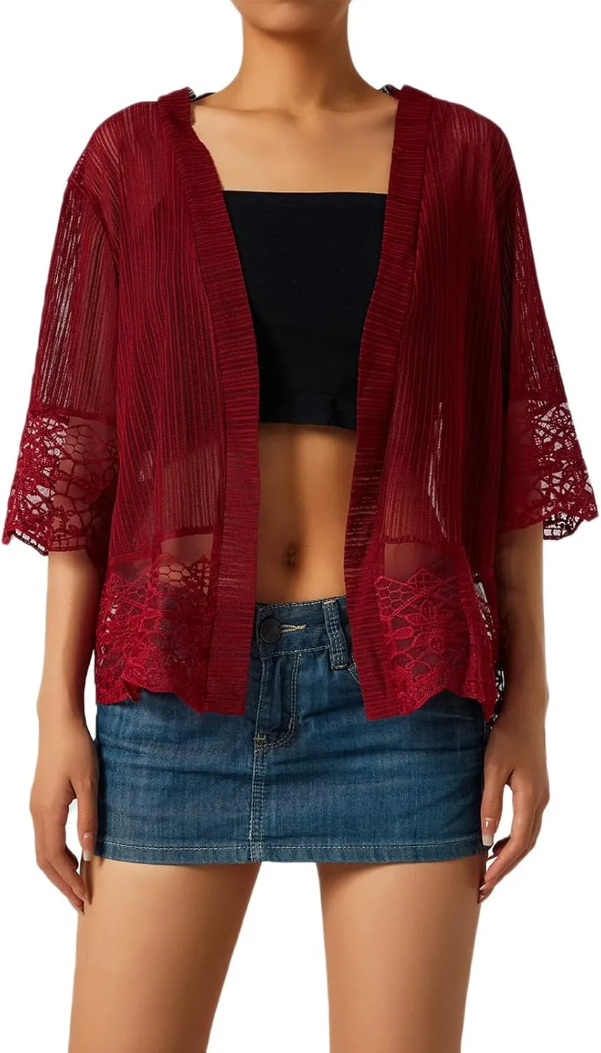 Lace Sheer Cardigan Short Sleeve Ruffle Open Front Tops for Women