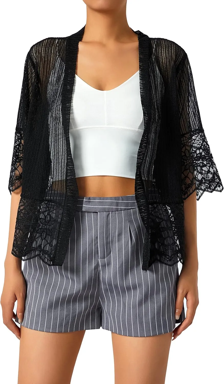 Lace Sheer Cardigan Short Sleeve Ruffle Open Front Tops for Women