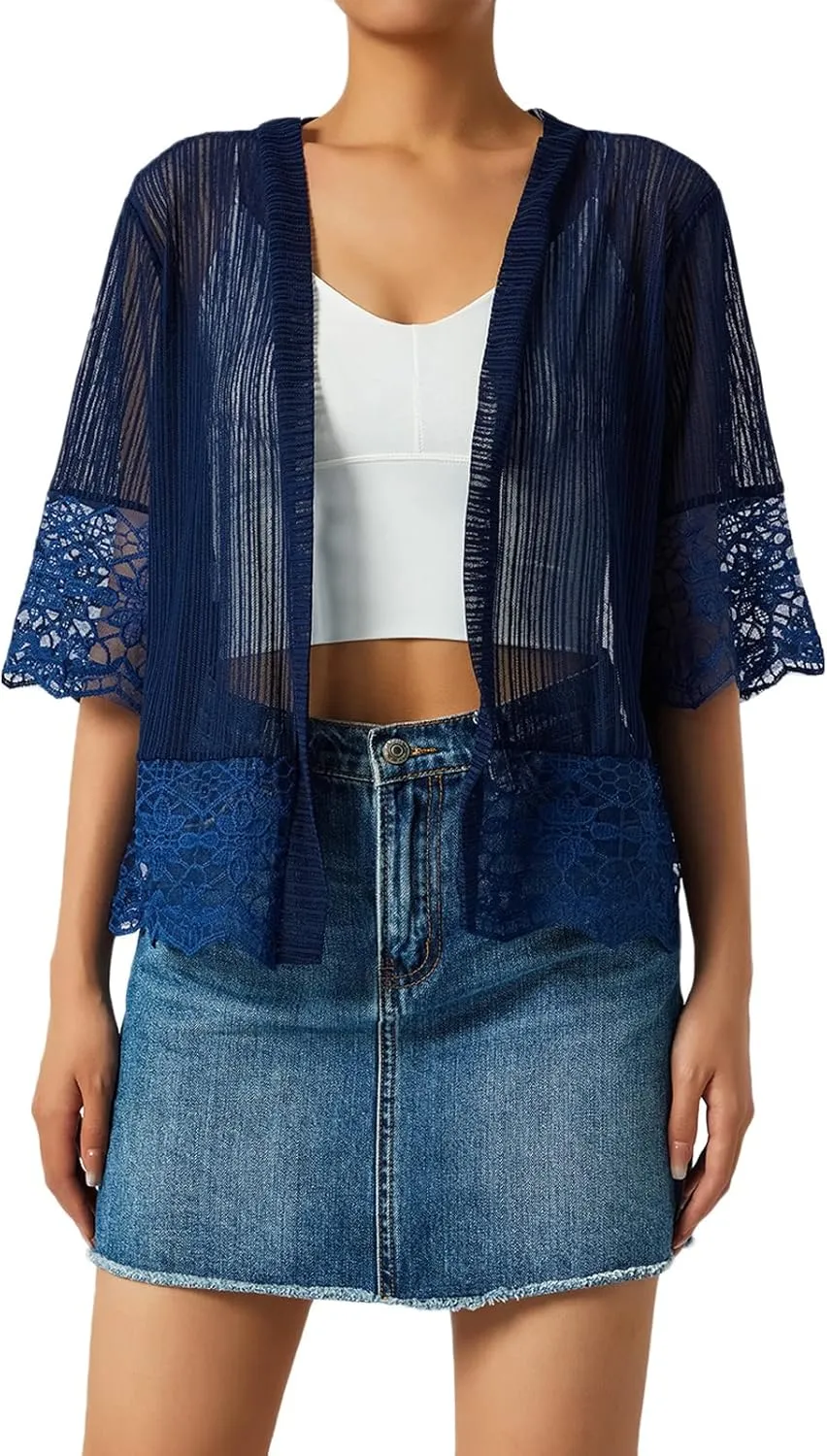 Lace Sheer Cardigan Short Sleeve Ruffle Open Front Tops for Women