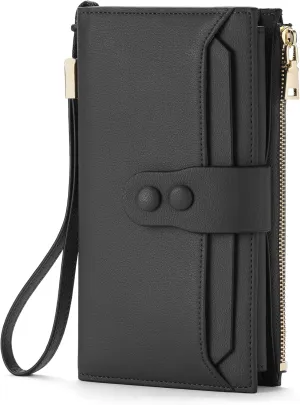Large Genuine Leather Wallet for Women RFID Blocking Multi Card Organizer Wristlet Clutch (Dark Gray)