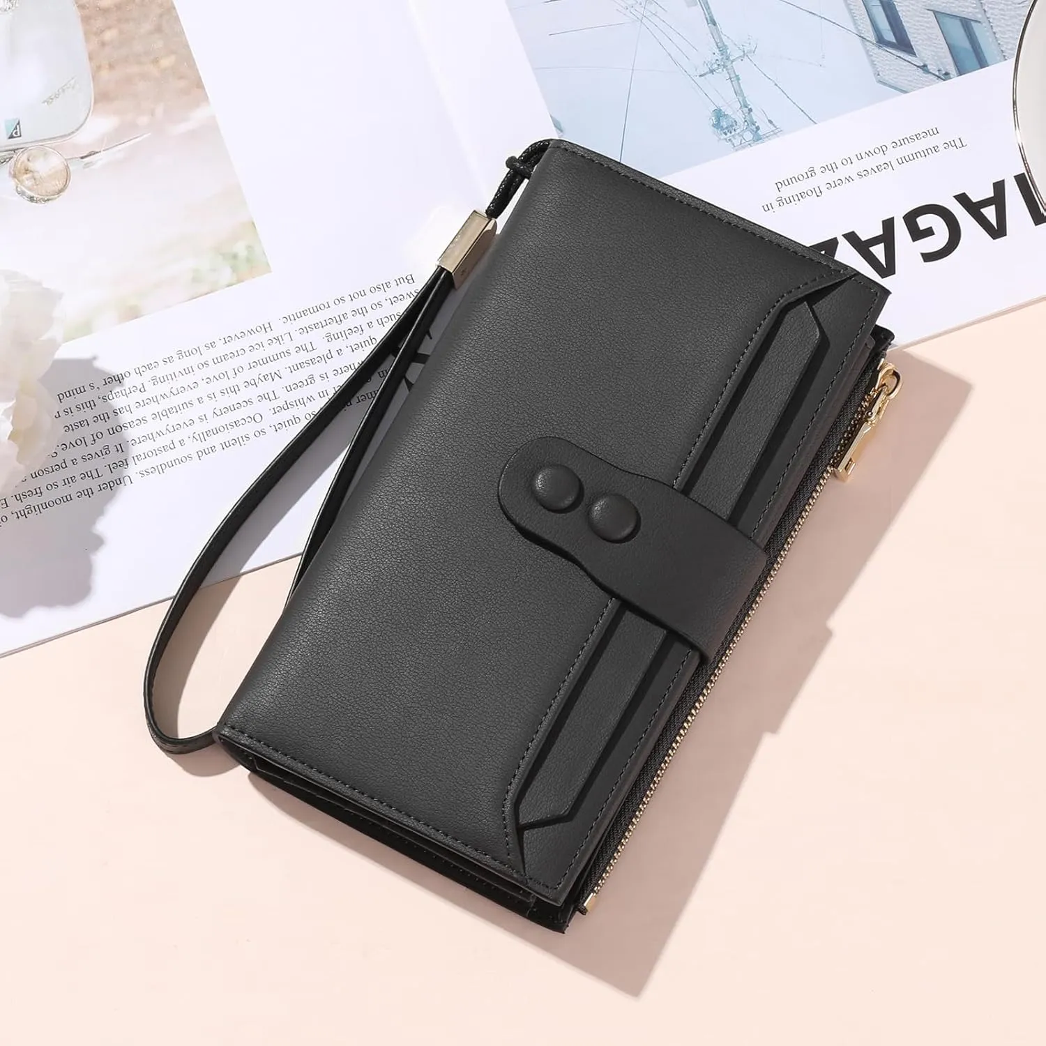 Large Genuine Leather Wallet for Women RFID Blocking Multi Card Organizer Wristlet Clutch (Dark Gray)