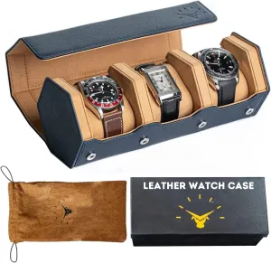 Leather & Time Leather Watch Case - 3 Slot Luxury Watch Leather Watch Roll - Mens Watch Holder Organizer - Durable & Portable Watch Roll Travel Case for Men & Women - Blue