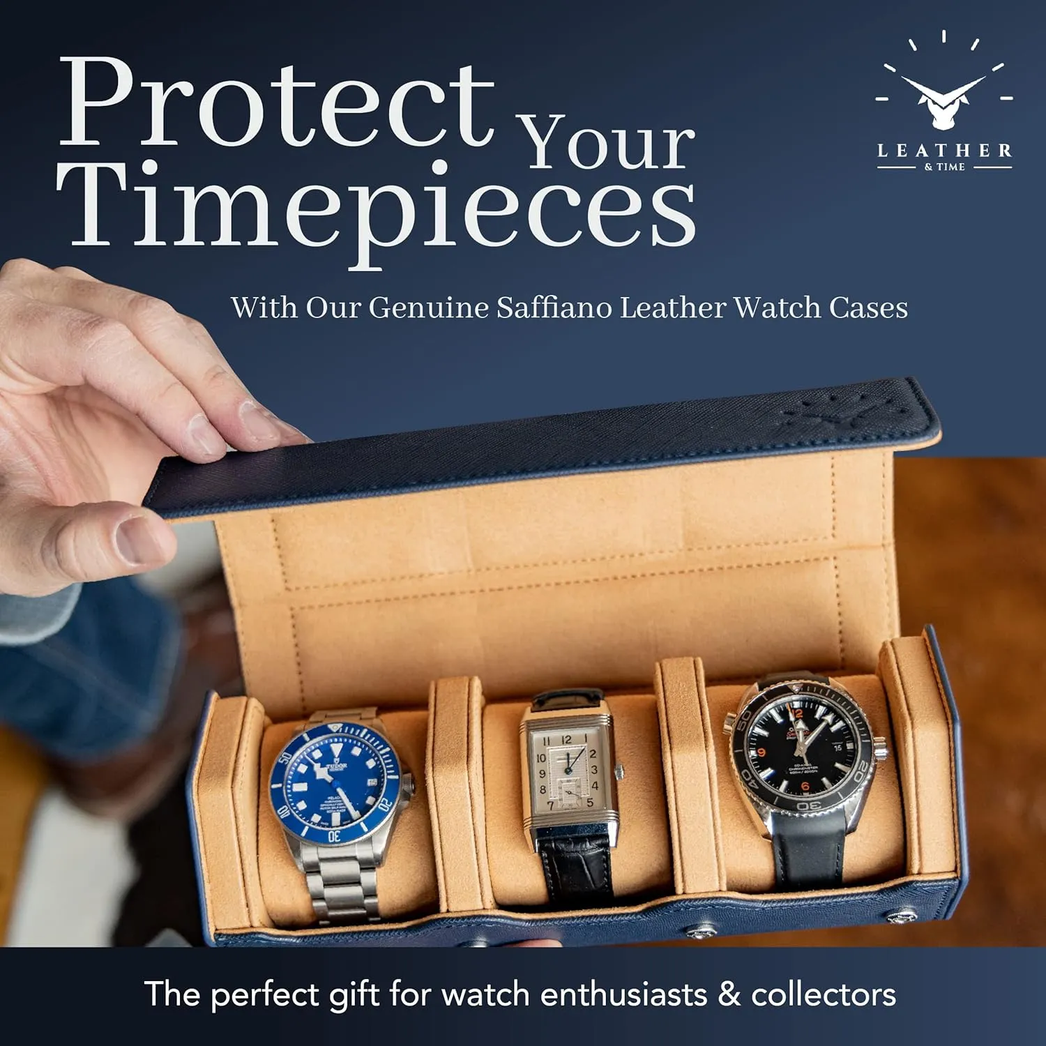 Leather & Time Leather Watch Case - 3 Slot Luxury Watch Leather Watch Roll - Mens Watch Holder Organizer - Durable & Portable Watch Roll Travel Case for Men & Women - Blue