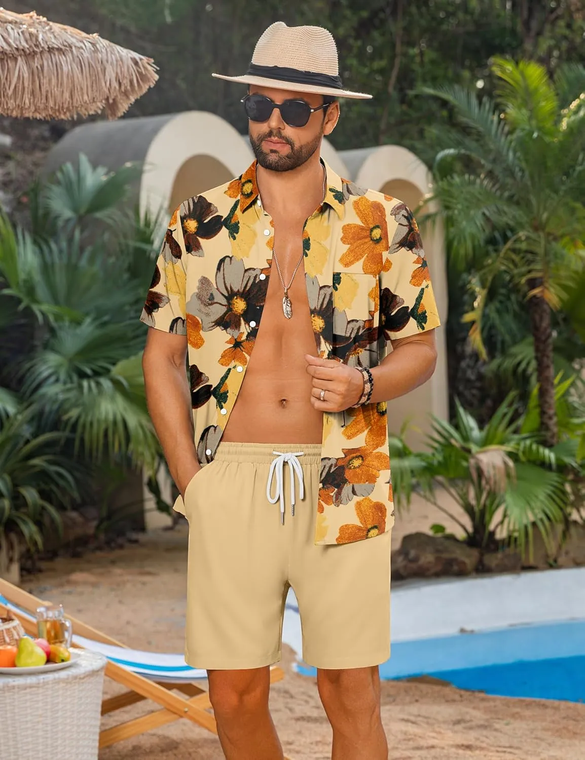LecGee Men's 2 Piece Hawaiian Short Set Floral Button Down Shirt and Beach Shorts Summer Vacation Outfits for Men
