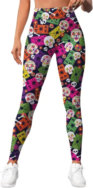 Leggings for Women Printed Funny Gym Womens Yoga Pants Sugar Skull Legging Skull Athletic Pant