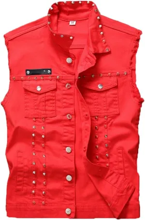 LifeHe Men's Sleeveless Lapel Punk Zipper Denim Jean Vests Jacket With Rivets