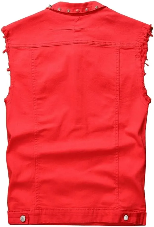 LifeHe Men's Sleeveless Lapel Punk Zipper Denim Jean Vests Jacket With Rivets