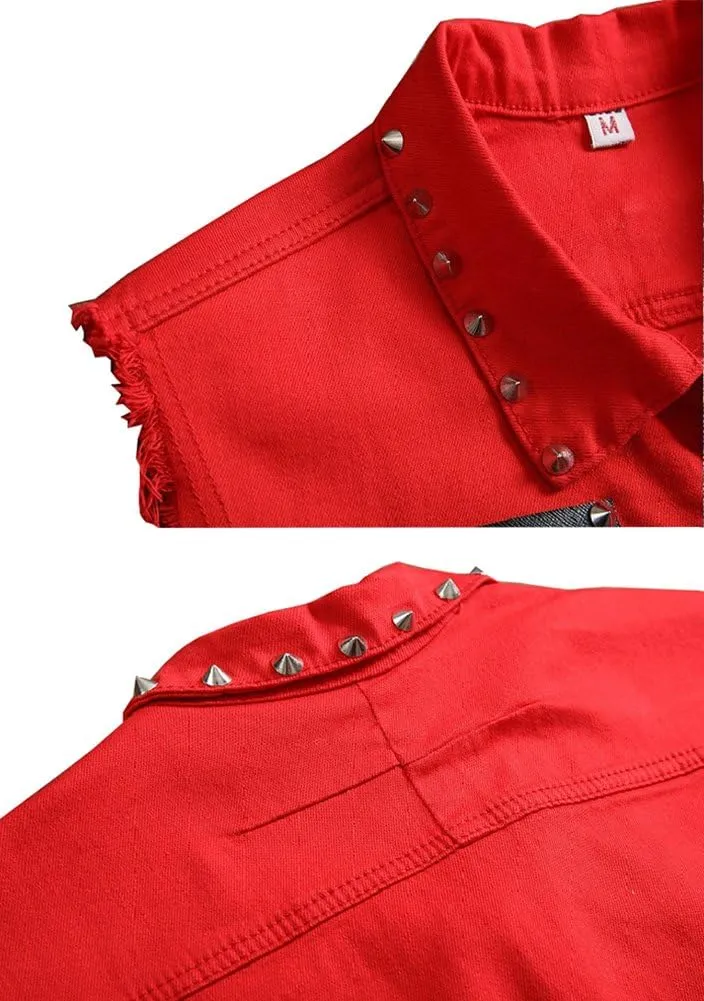 LifeHe Men's Sleeveless Lapel Punk Zipper Denim Jean Vests Jacket With Rivets