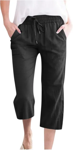 Linen Capri Pants for Women Casual 2025 Summer Drawstring High Waist Lounge Trouser with Pocket Plus Size Resort Wear