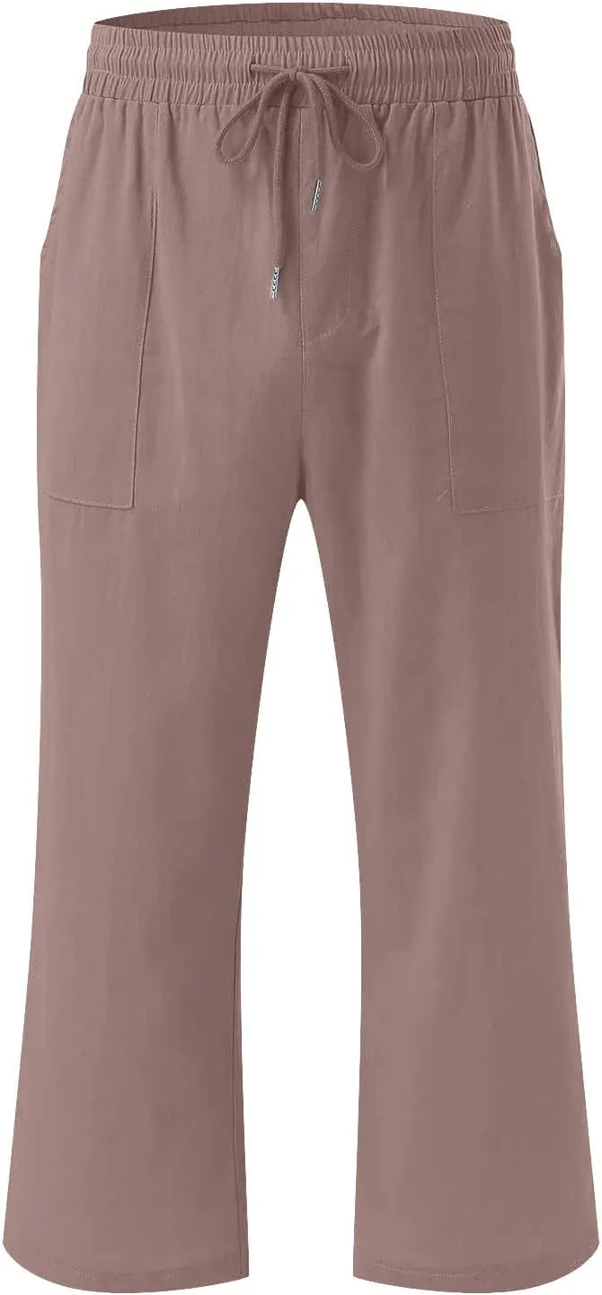 Linen Capri Pants for Women Casual 2025 Summer Drawstring High Waist Lounge Trouser with Pocket Plus Size Resort Wear