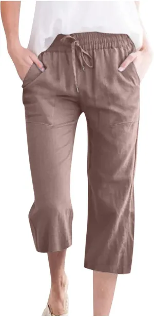 Linen Capri Pants for Women Casual 2025 Summer Drawstring High Waist Lounge Trouser with Pocket Plus Size Resort Wear