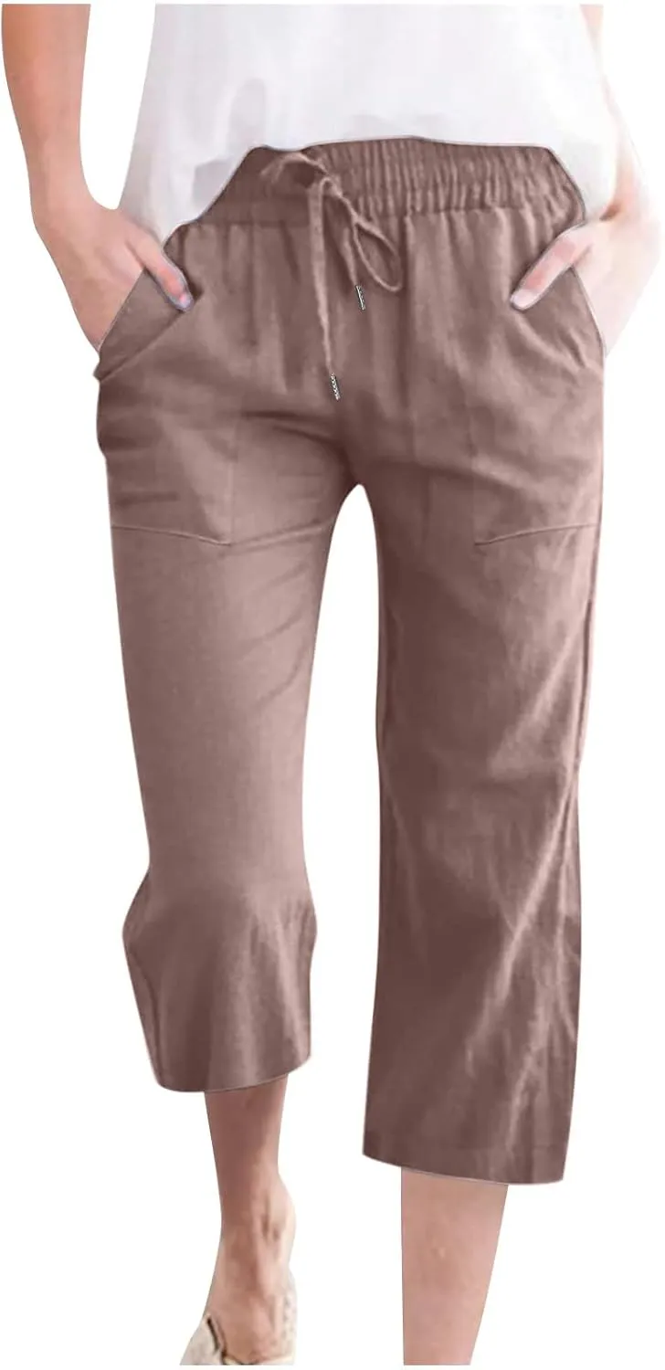 Linen Capri Pants for Women Casual 2025 Summer Drawstring High Waist Lounge Trouser with Pocket Plus Size Resort Wear