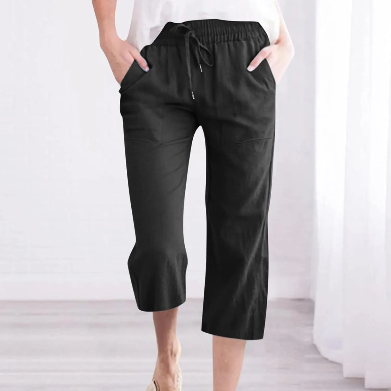 Linen Capri Pants for Women Casual 2025 Summer Drawstring High Waist Lounge Trouser with Pocket Plus Size Resort Wear