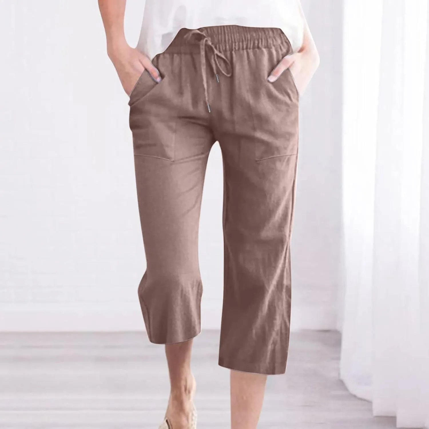Linen Capri Pants for Women Casual 2025 Summer Drawstring High Waist Lounge Trouser with Pocket Plus Size Resort Wear