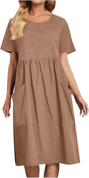 Linen Dress Women Crewneck Short Sleeve Casual Summer Dress with Pockets Pleated Plain Loose Plus Size Midi Dresses