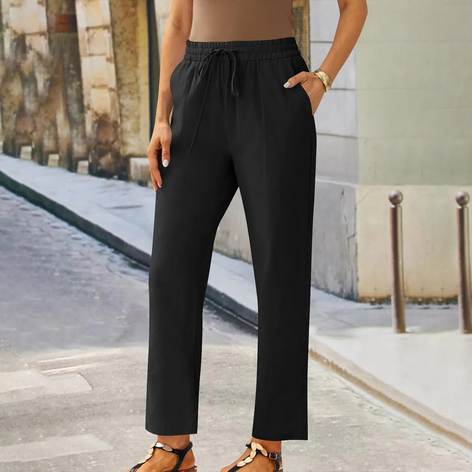 Linen Pants Women Drawstring Elastic High Waisted Capri Trousers Baggy Lightweight Summer Vacation Outfits