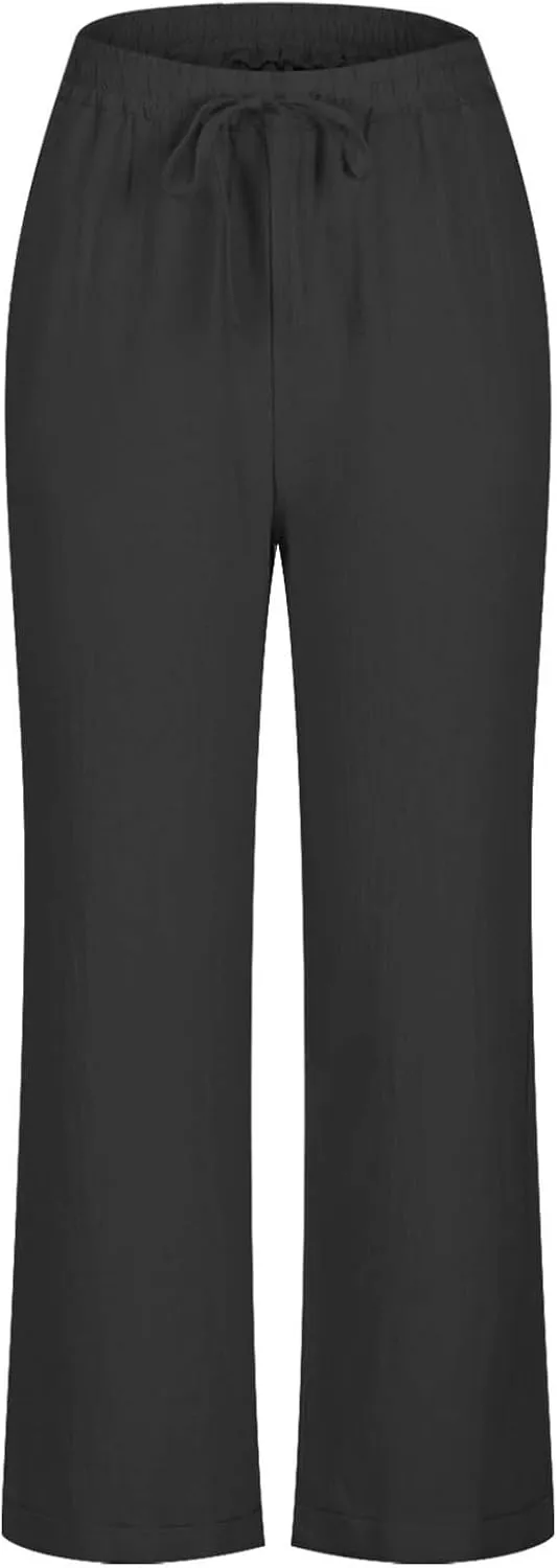 Linen Pants Women Drawstring Elastic High Waisted Capri Trousers Baggy Lightweight Summer Vacation Outfits