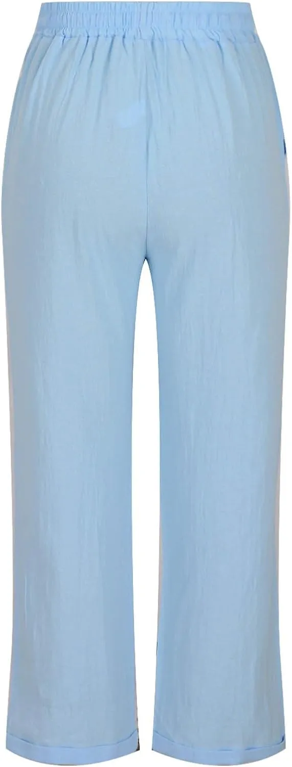 Linen Pants Women Drawstring Elastic High Waisted Capri Trousers Baggy Lightweight Summer Vacation Outfits