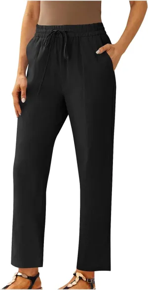 Linen Pants Women Drawstring Elastic High Waisted Capri Trousers Baggy Lightweight Summer Vacation Outfits