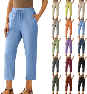 Linen Pants Women Drawstring Elastic High Waisted Capri Trousers Baggy Lightweight Summer Vacation Outfits