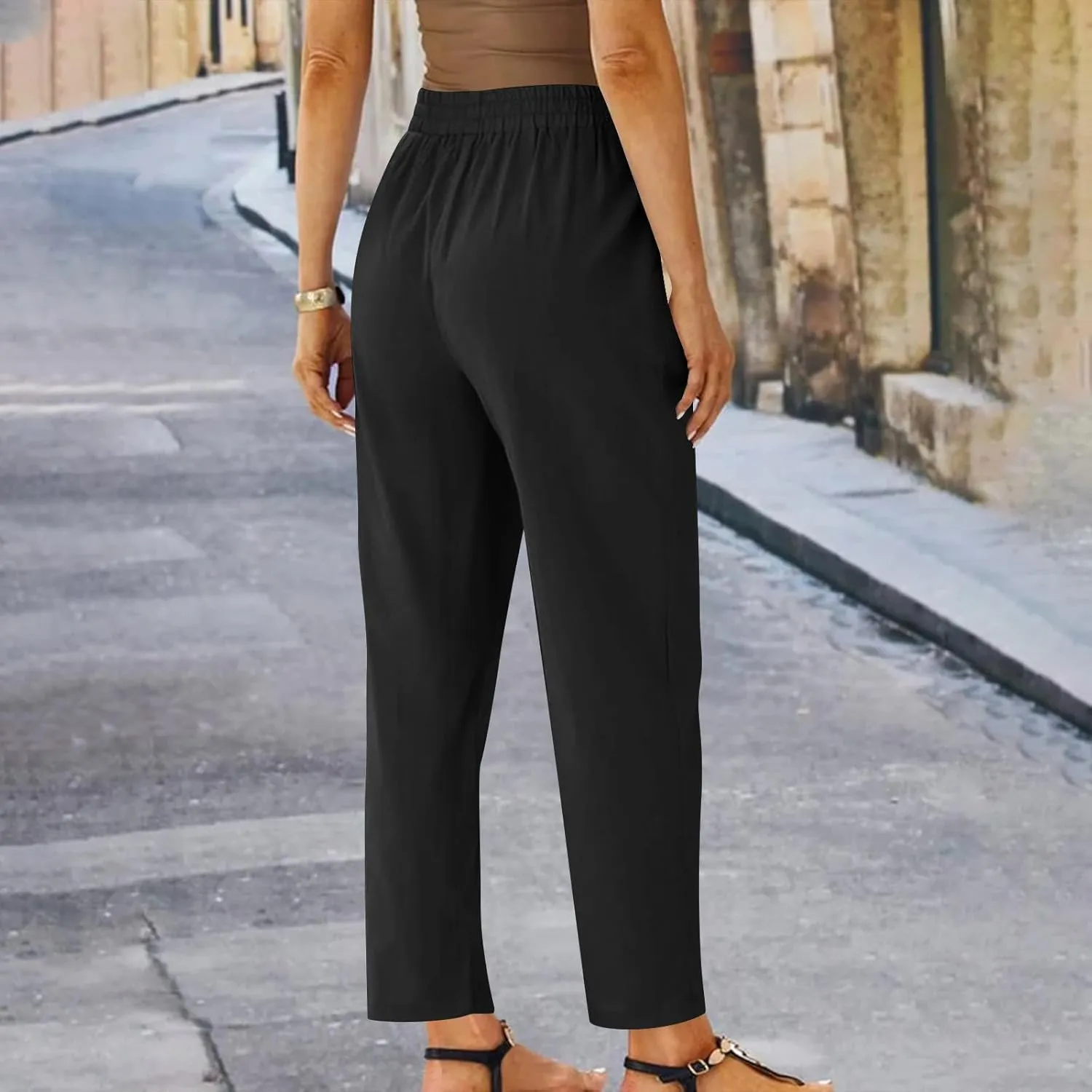 Linen Pants Women Drawstring Elastic High Waisted Capri Trousers Baggy Lightweight Summer Vacation Outfits