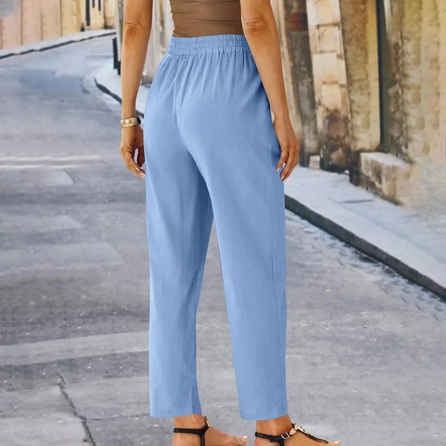 Linen Pants Women Drawstring Elastic High Waisted Capri Trousers Baggy Lightweight Summer Vacation Outfits