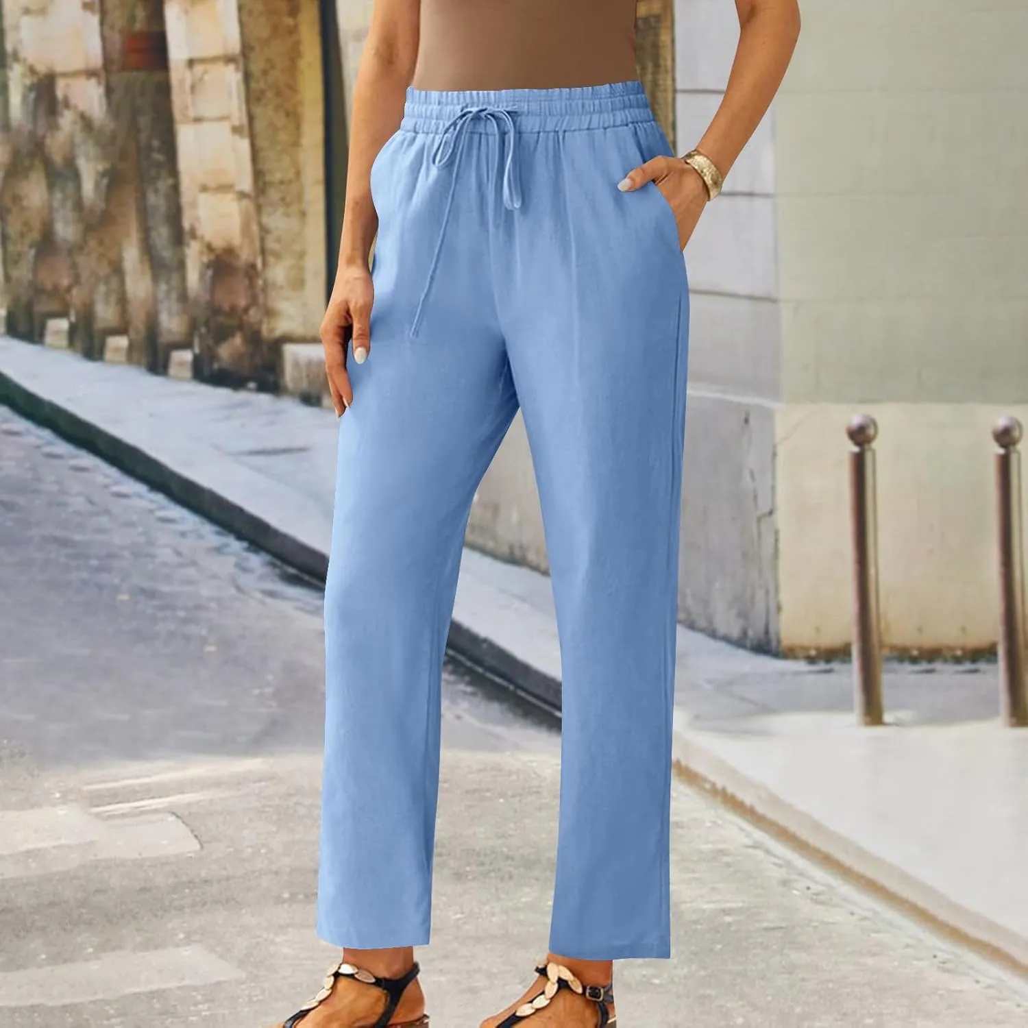 Linen Pants Women Drawstring Elastic High Waisted Capri Trousers Baggy Lightweight Summer Vacation Outfits