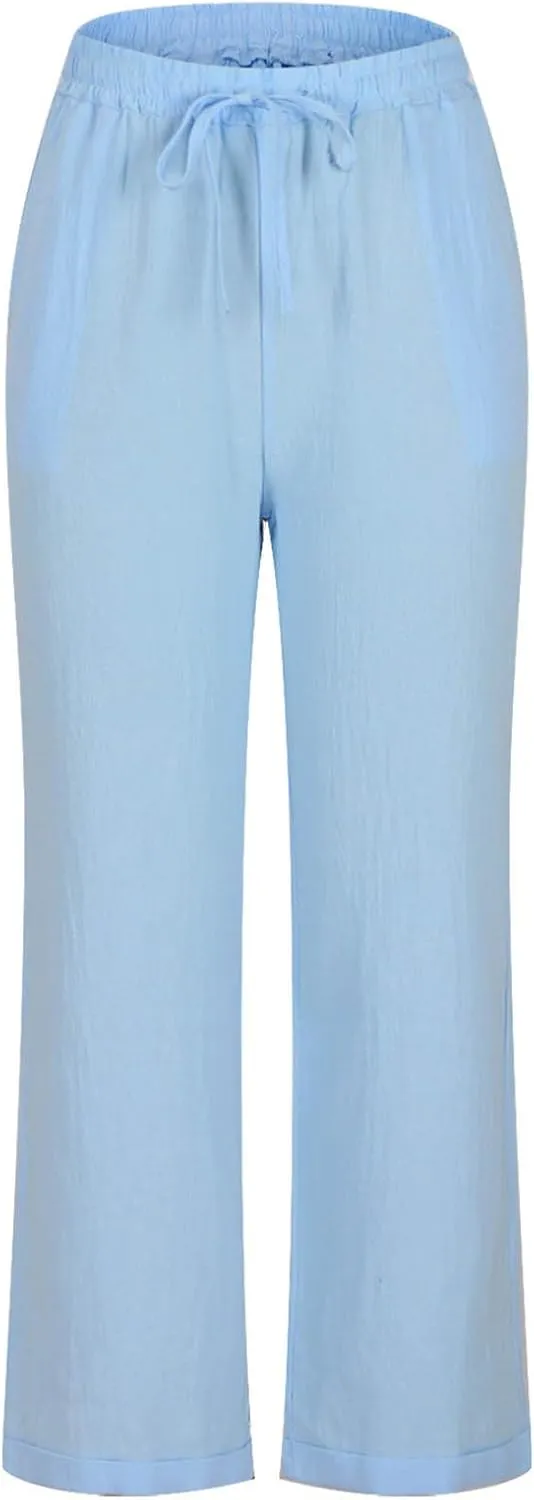 Linen Pants Women Drawstring Elastic High Waisted Capri Trousers Baggy Lightweight Summer Vacation Outfits
