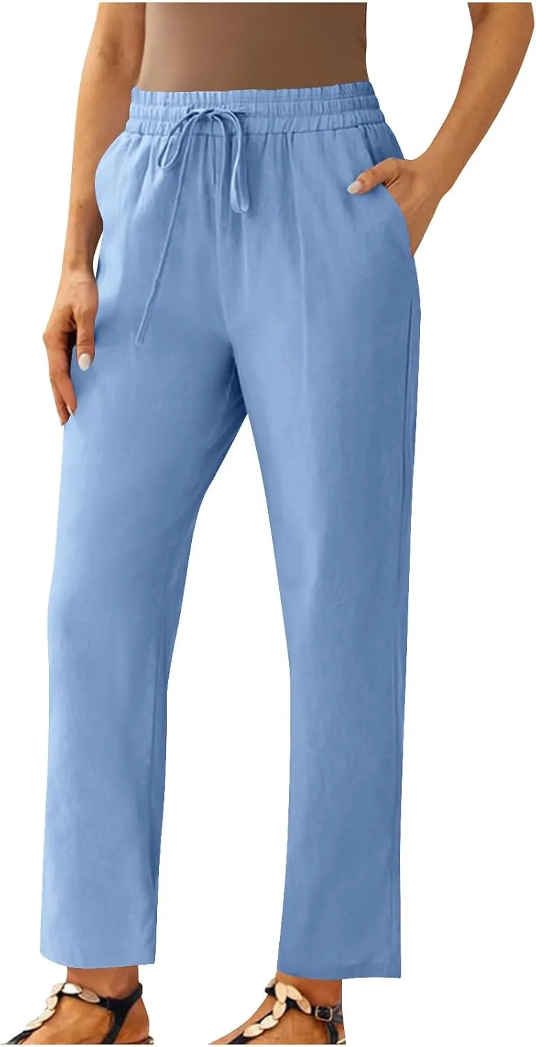 Linen Pants Women Drawstring Elastic High Waisted Capri Trousers Baggy Lightweight Summer Vacation Outfits