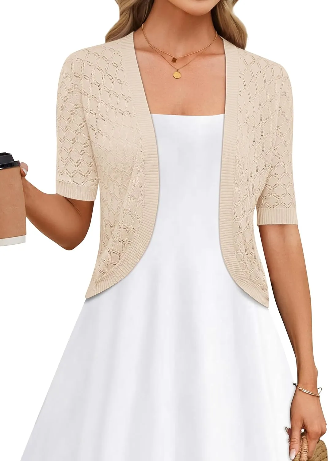 LOMON Womens Cropped Cardigan Short Sleeve Bolero Shrug Sweater Open Front Lightweight