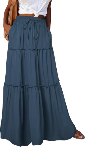 Long Skirts for Women Summer Flowy Boho Maxi Skirt Trendy Drawstring Elastic High Waist Tiered A Line Beach Skirts