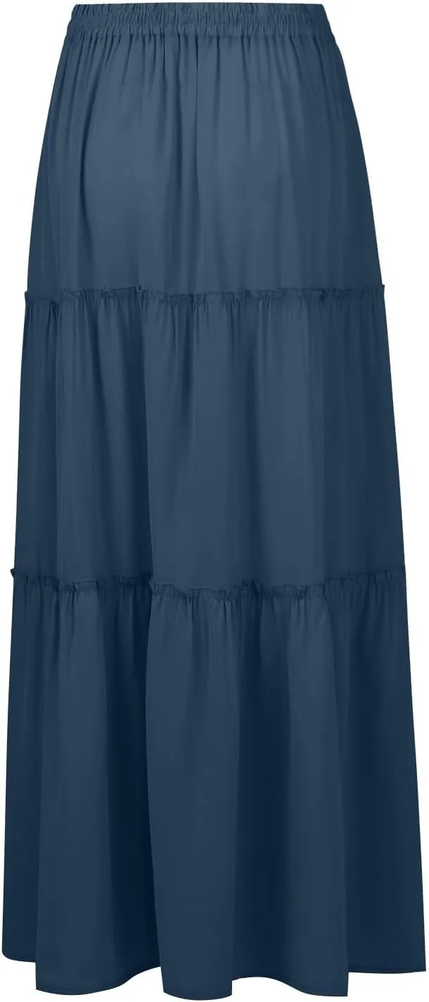 Long Skirts for Women Summer Flowy Boho Maxi Skirt Trendy Drawstring Elastic High Waist Tiered A Line Beach Skirts