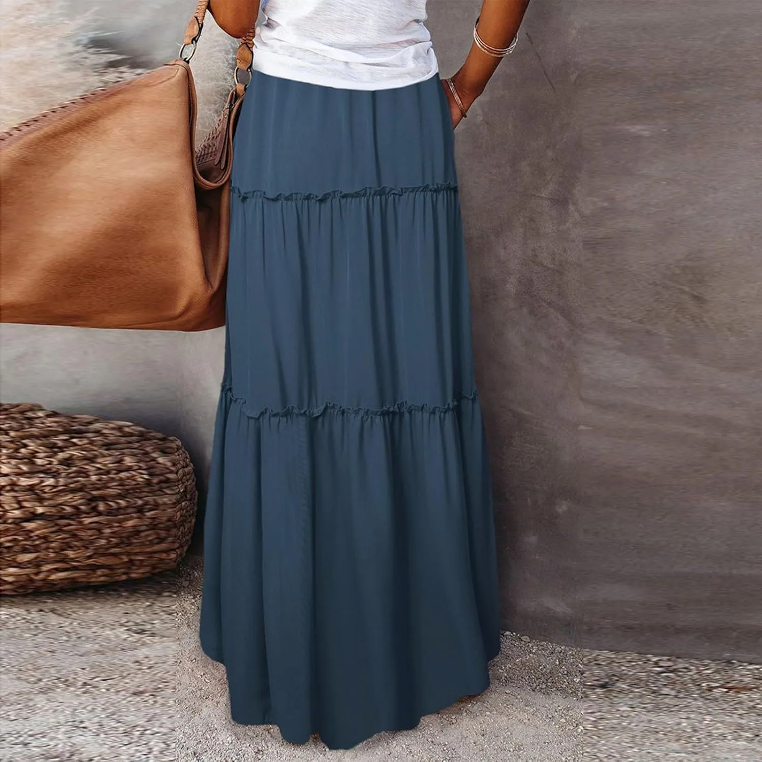 Long Skirts for Women Summer Flowy Boho Maxi Skirt Trendy Drawstring Elastic High Waist Tiered A Line Beach Skirts