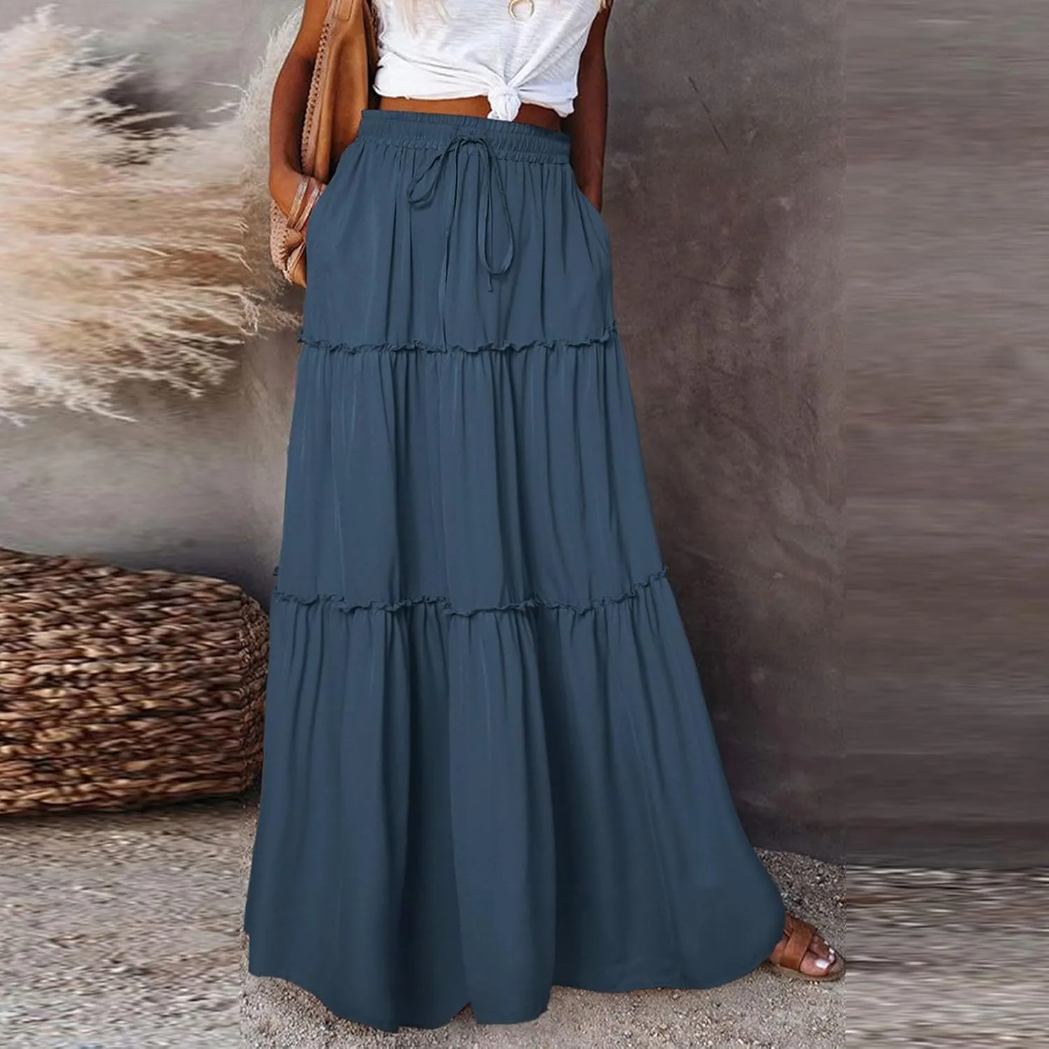 Long Skirts for Women Summer Flowy Boho Maxi Skirt Trendy Drawstring Elastic High Waist Tiered A Line Beach Skirts