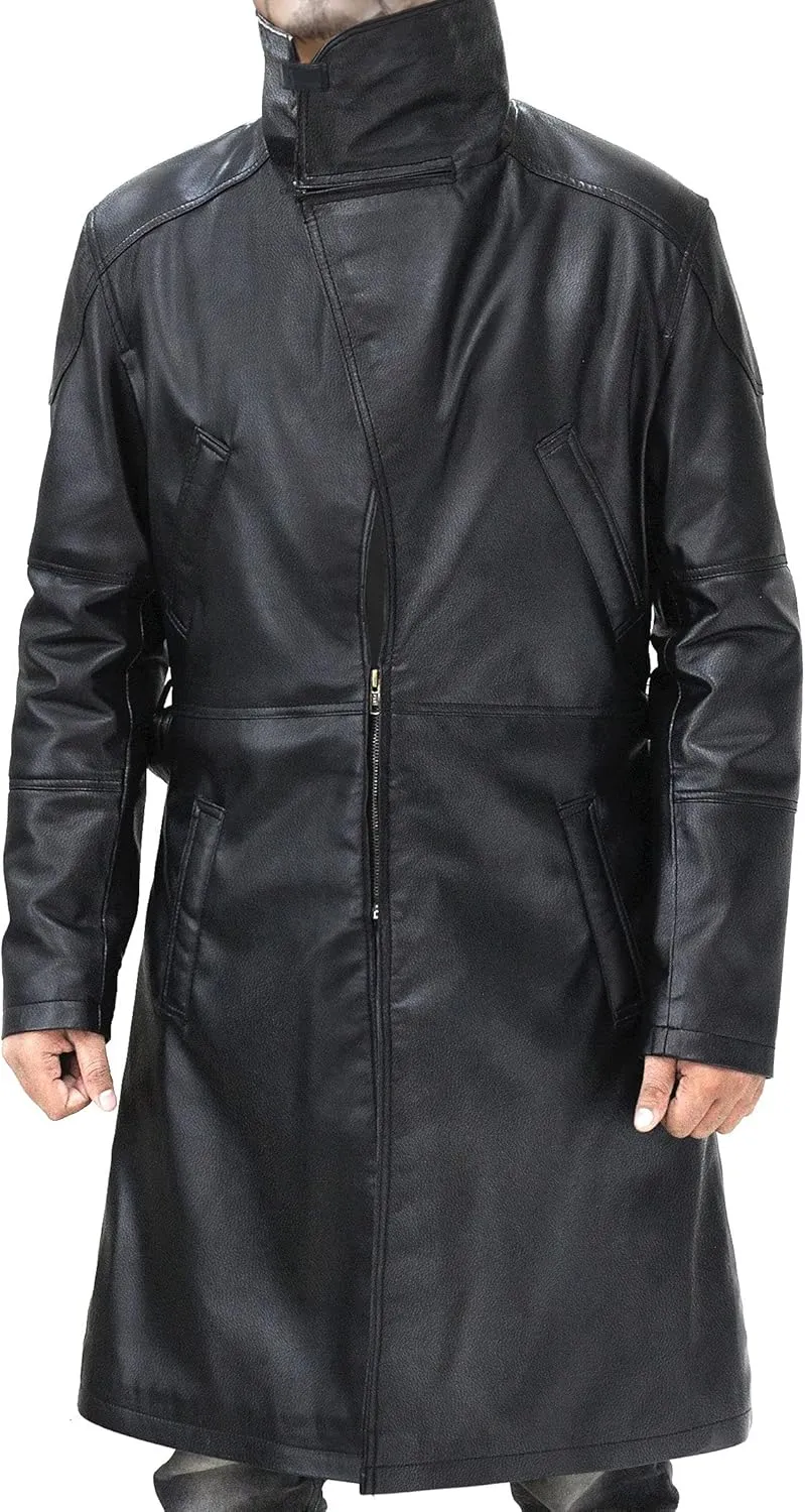 LP-FACON Mens 2049 Ryan Gosling Winter Fur Collar Officer Black Trench Coat Leather/Cotton