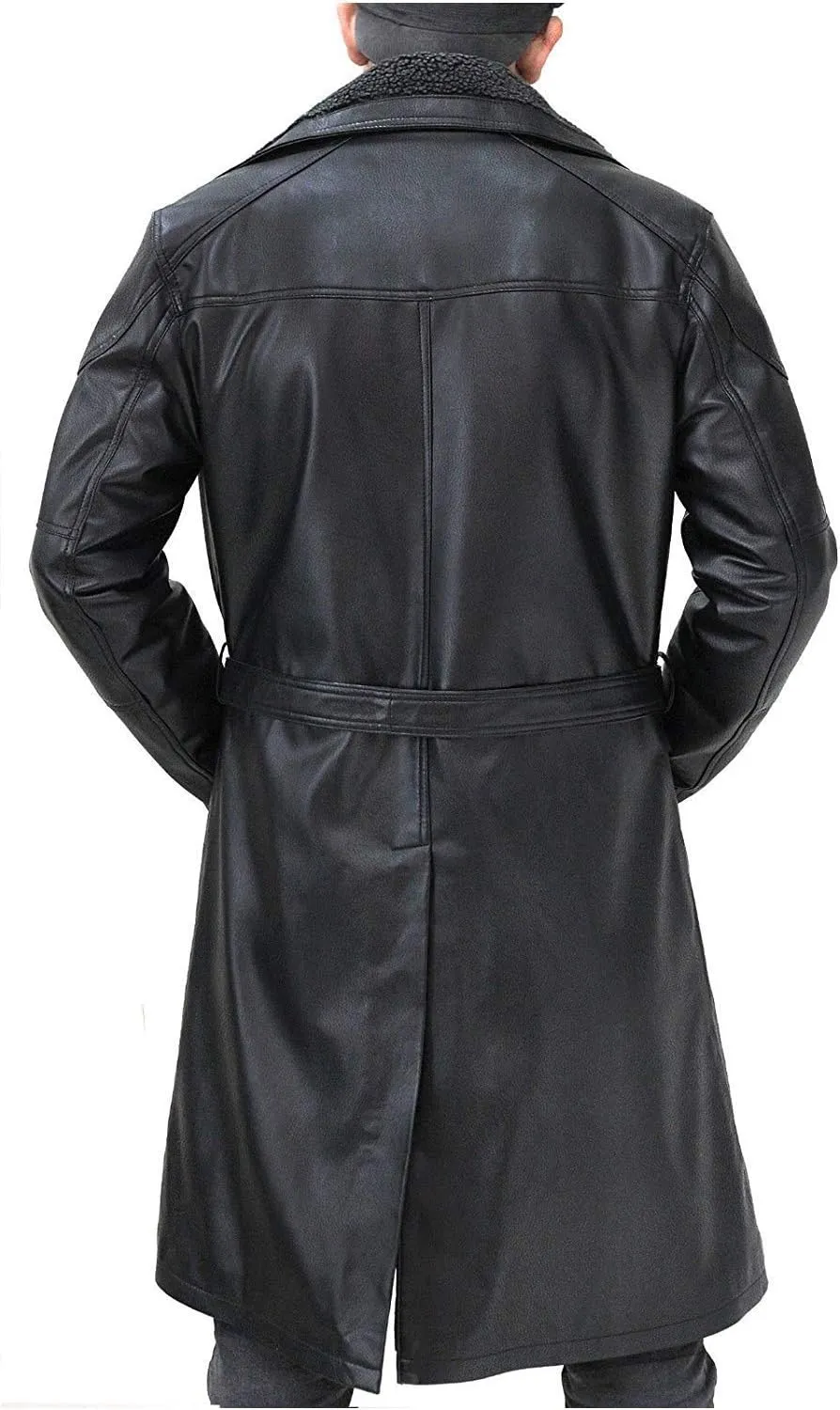 LP-FACON Mens 2049 Ryan Gosling Winter Fur Collar Officer Black Trench Coat Leather/Cotton