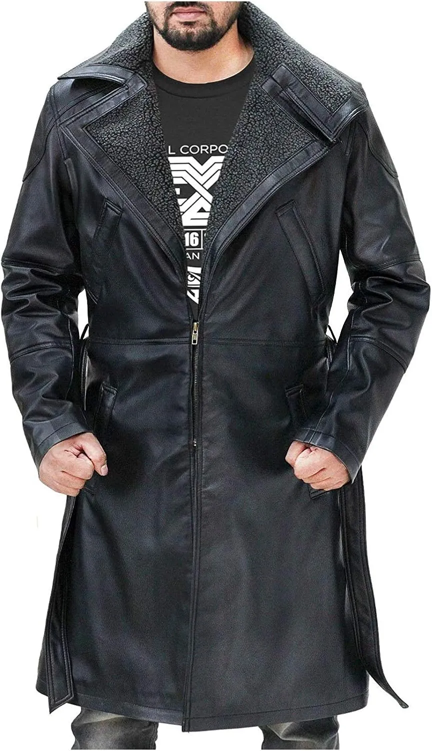 LP-FACON Mens 2049 Ryan Gosling Winter Fur Collar Officer Black Trench Coat Leather/Cotton