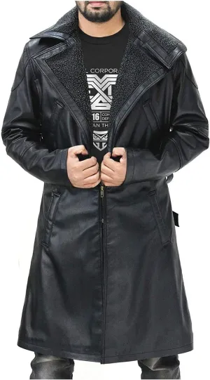 LP-FACON Mens 2049 Ryan Gosling Winter Fur Collar Officer Black Trench Coat Leather/Cotton