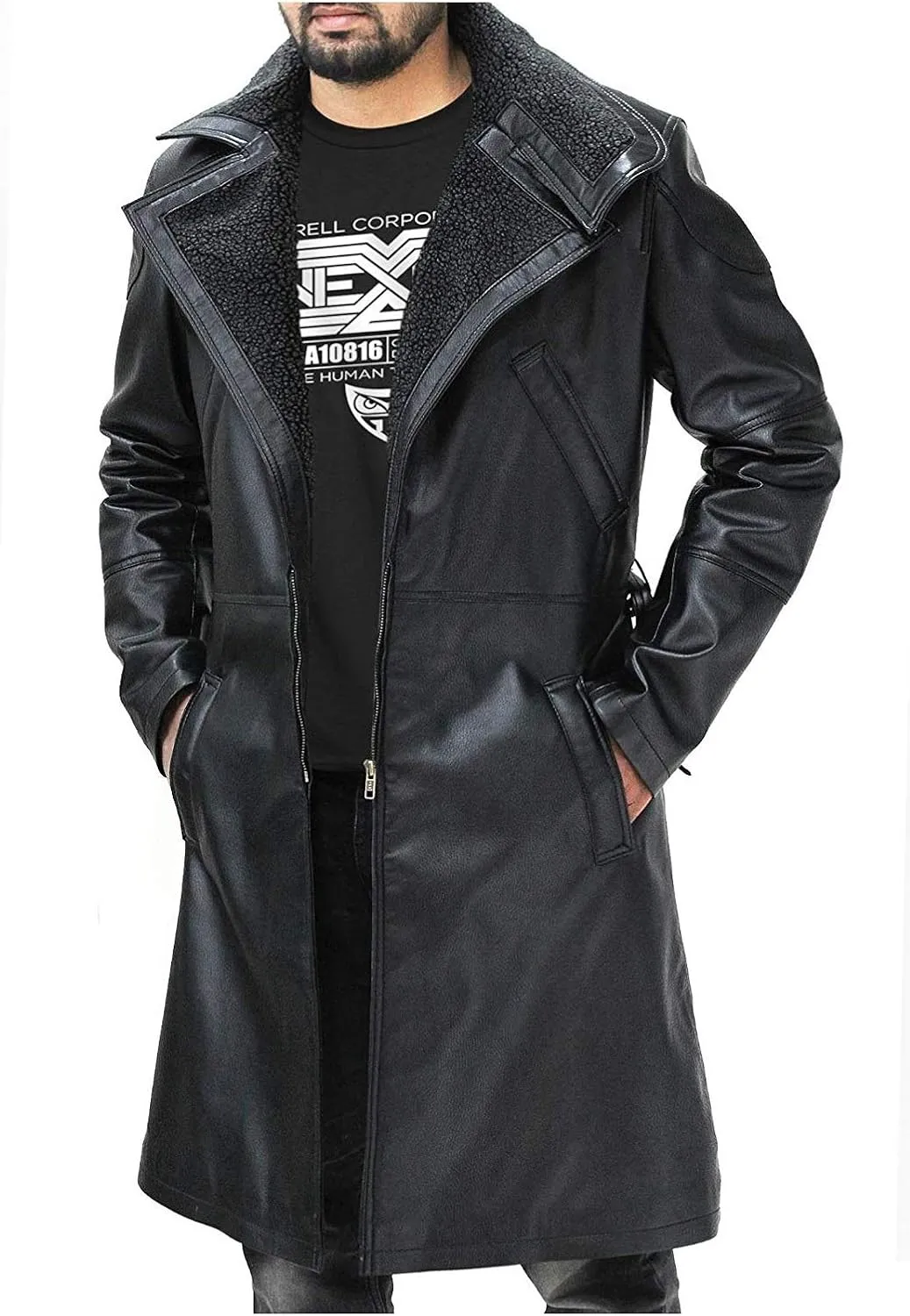 LP-FACON Mens 2049 Ryan Gosling Winter Fur Collar Officer Black Trench Coat Leather/Cotton