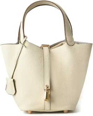 Luxury Mini Bucket Handbag, Pebbled Leather, Gold Lock Detail, Available in Taupe and Beige