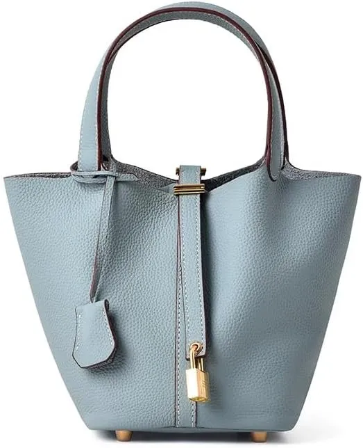 Luxury Mini Bucket Handbag, Pebbled Leather, Gold Lock Detail, Available in Taupe and Beige